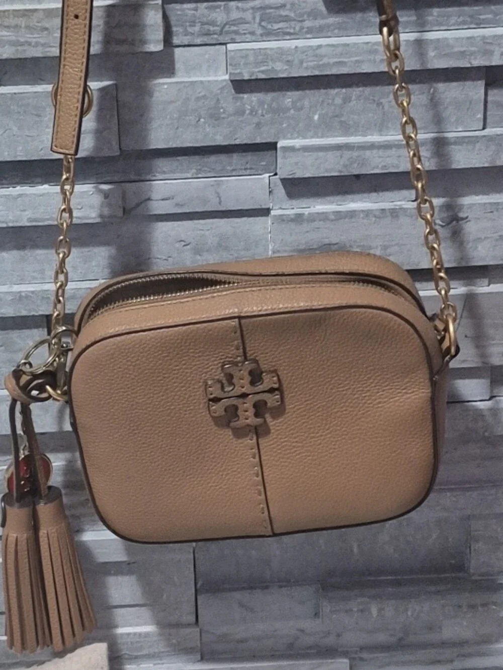 Tory Burch Beige/Tan Pebbled Leather Crossbody with Tassel